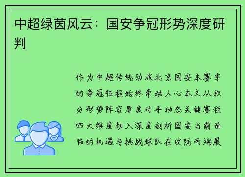 中超绿茵风云：国安争冠形势深度研判